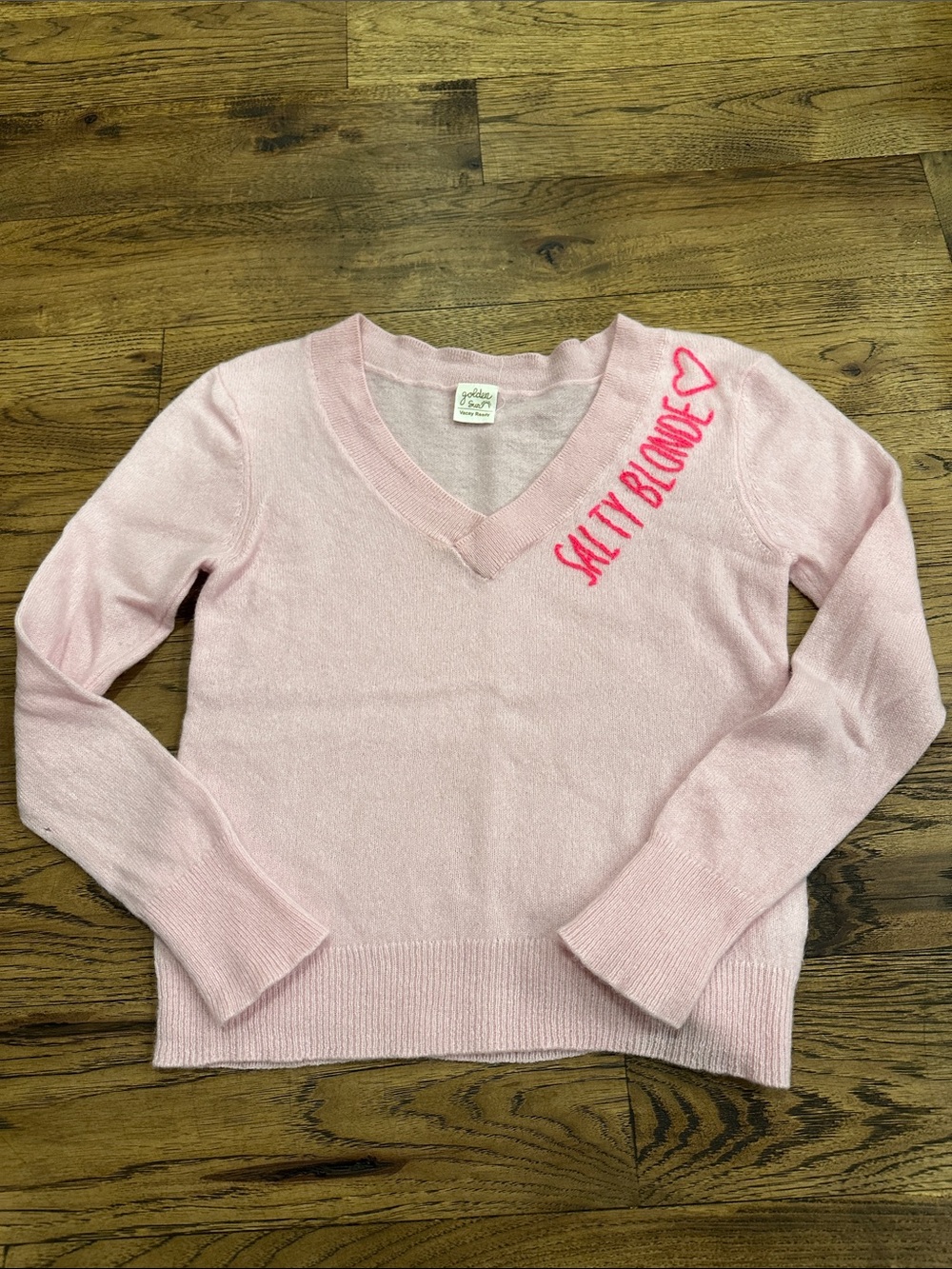 Golden Sun Light Pink V-Neck Sweater with Hot Pink 'Salty Blonde' Embroidery